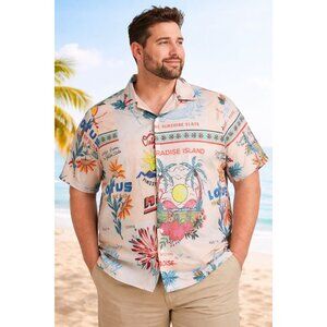 Malibu By Drilling Company Tropical Novelty 2X Short Sleeve Collared Button Down